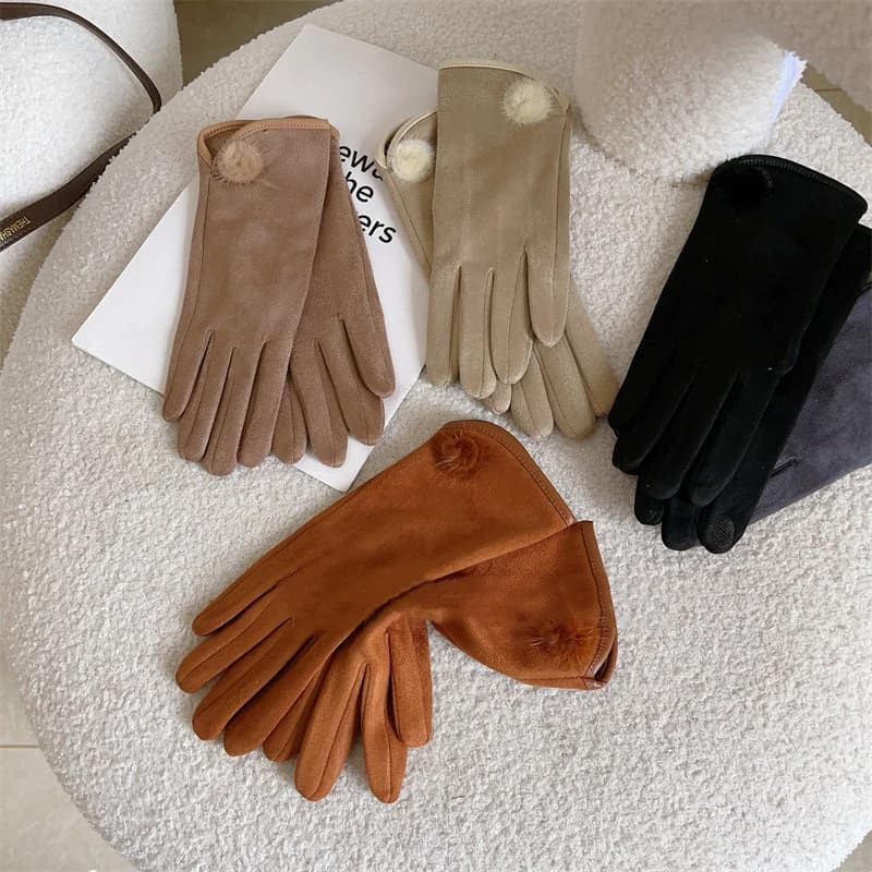 Women Winter Keep Warm Touch Screen Suede Hairball Gloves Fashion Elegant Drive Cycling High Elasticity Soft Retro Style