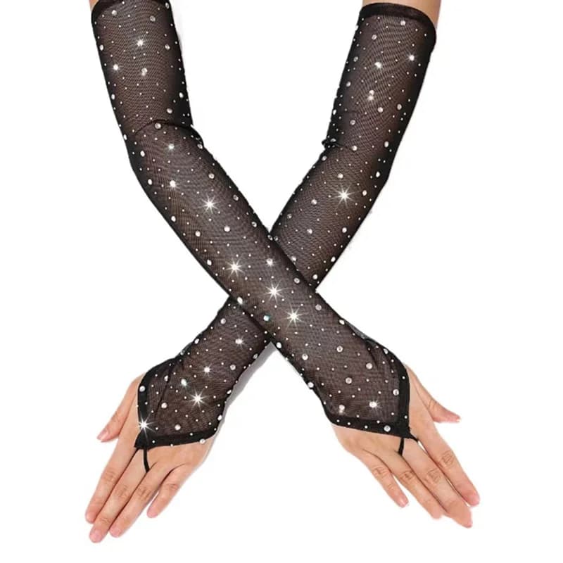 Women Rhinestone Mesh Hook Finger Long Gloves Sexy Party Transparent Breathable Fingerless Gloves Elasticity Arm Sleeves