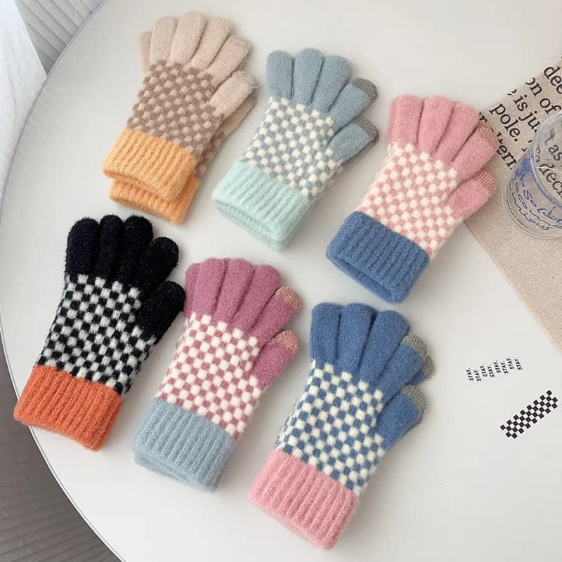 Winter Women Keep Warm Touch Screen Knitted Woolen Gloves Cute Lovely Fashion Lattice Thickened High Quality Cold Protection