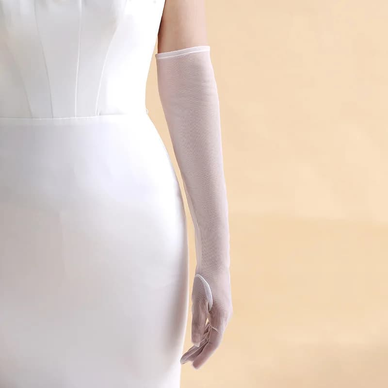 Women Elegant White Soft Tulle Simple Long Wedding Dress Gloves for Bridal Party Evening Events Wedding Prom Parties Accessories