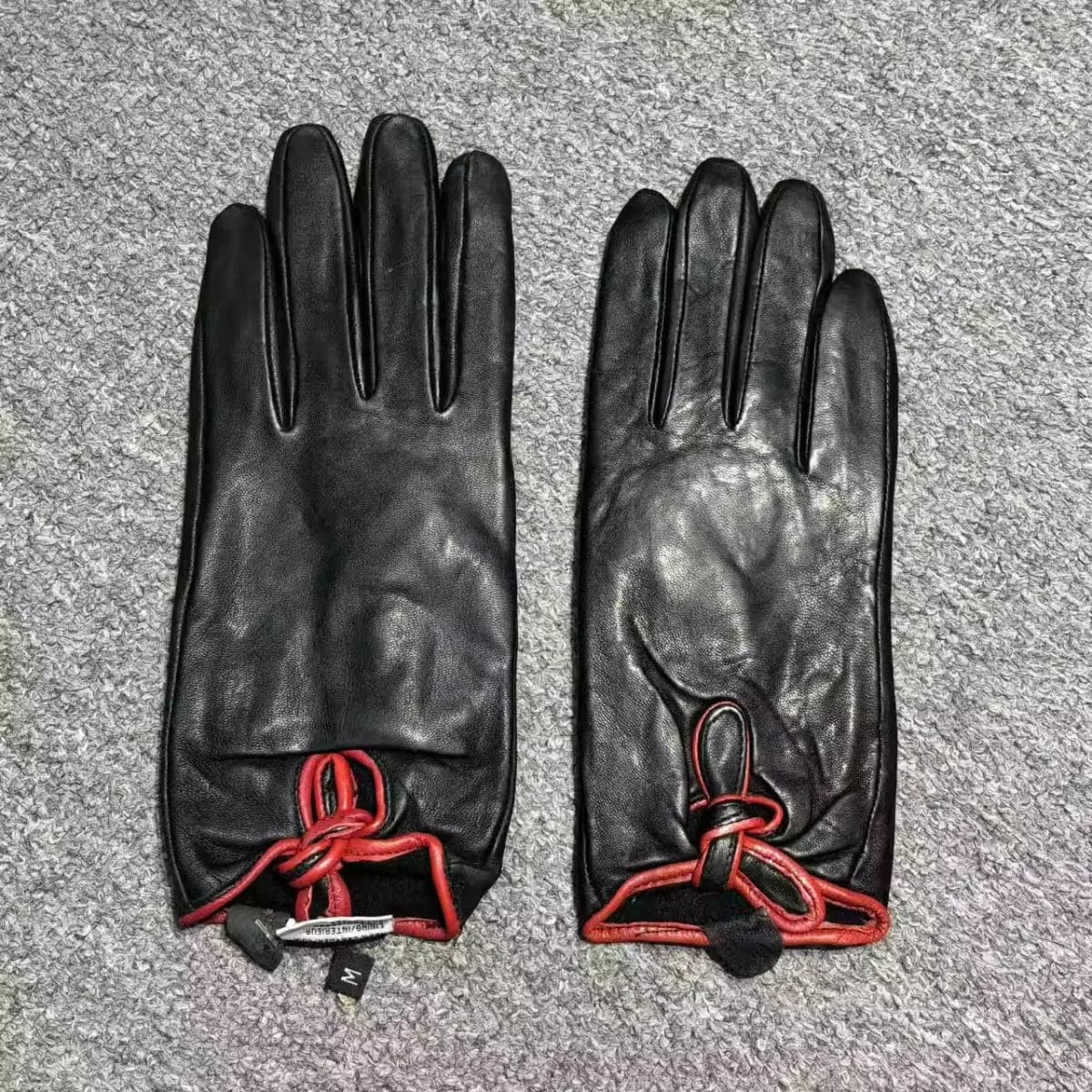 Women Genuine Sheepskin Finger Gloves, Warm Cold-Resistant Black Bow Decor, Simple Cycling Riding Gloves Big Size R3232