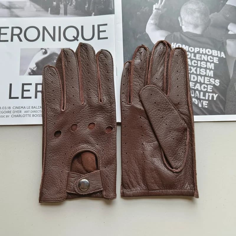 New Deerskin Gloves Men's Single-Skin Thin Hollow Breathable Leather Gloves for Drivers Driving Motorcycles and Riding