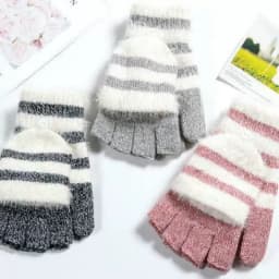 COKK Women Fingerless Gloves Cute Faux Rabbit Fur Stripe Knitted Gloves Female Winter Knitting Warmer Wrist Hand Gloves Mitten