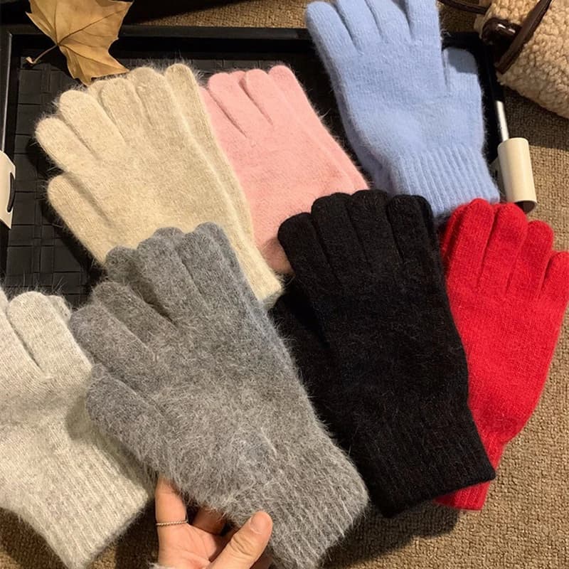 1 Pair Solid Cute Girl Student Winter Thick Knitted Woolen Full Finger Gloves Women Outdoor Cycling Driving Fashion Windproof