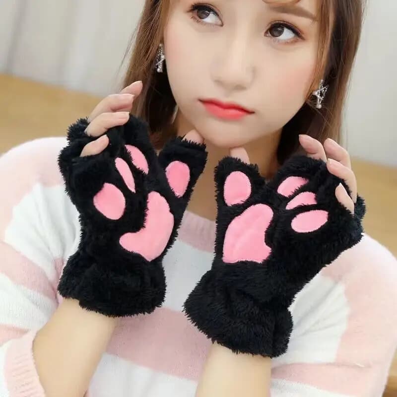 Lovely Plush Cat Claw Paw Gloves Plush Mittens Warm Soft Plush Short Fingerless Fluffy Bear Gloves Costume Half Finger Gloves