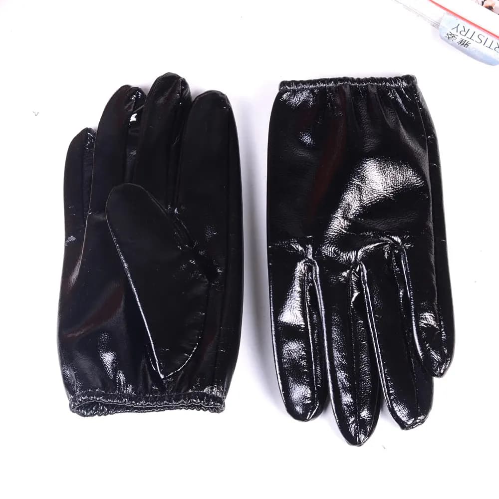 Men's 100% Real Leather Shiny Black Patent Leather Unlined Shrink Wrist Short GLOVES