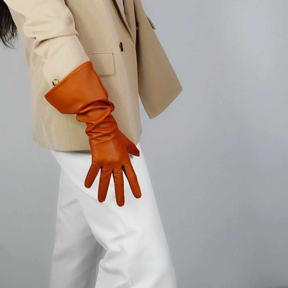 REAL LEATHER TECH LONG GLOVES Unisex Brown 38cm Wide Balloon Puff Sleeves Large LLDLLNT