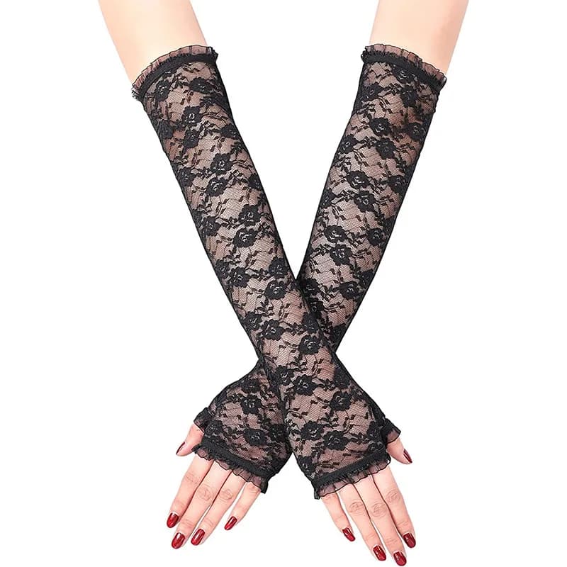 Long Lace Hollow-Out Fingerless Gloves Sun Protection Sleeves Mesh Lace Thin Cycling Sexy Accessories Black Bare Finger Gloves