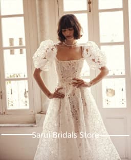 Square Collar Lace Illusion Wedding Bridal Gown A-line Backless Train Wedding Bridal Dress with Short Sleeve Customized