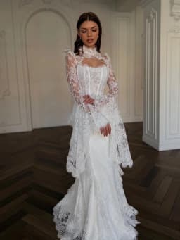 Custom Elegant White Lace Mermaid Wedding Dress High Neck Ruched Long Bell Sleeve Corset Backless Bridal Gown with Train