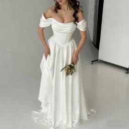 Customized New Arrival Off Shoulder Neckline Satin A-Line Wedding Dress Lace-up Back Floor Length Sweep Train Gown For Bride