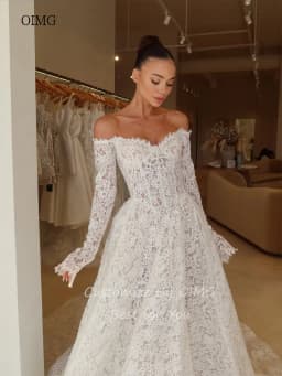 OIMG Luxurious Lace Off The Shoulder A Line Wedding Dress Backless Bride Dresses Floor Length Long Tail Wedding Gowns Customized