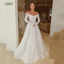OIMG Luxurious Lace Off The Shoulder A Line Wedding Dress Backless Bride Dresses Floor Length Long Tail Wedding Gowns Customized