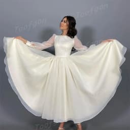 Toofgon Customized Modest Long Sleeve A Line Wedding Dresses Puff Sleeve Bride Gown Tea Length Draped Organza Bridal Party Dress