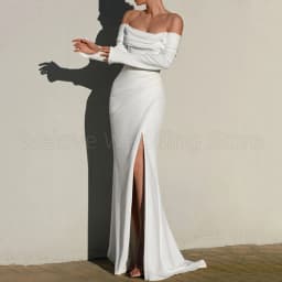Long Sleeves Off the Shoulder Wedding Dress Boat Neck with Pleat Mermaid Customized Sexy Side Slit Bridal Backless Gowns