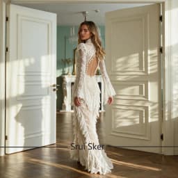 Trendy Lace Mermaid Wedding Dress High Collar Long Sleeves With Tassel Bridal Gown Customized For Women Bridal Photoshoot