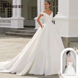 BONJOURY Simple V-neckline Wedding Dress for Woman Bride Satin Pockets Chapel Train Button Vestido De Casamento Drop Shipping