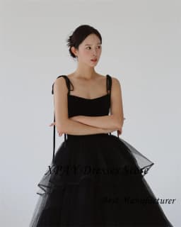 XPAY Princess Black Tiered Wedding Dresses Korea Photo shoot Spaghetti Straps Layered Evening Gowns Corset Back Customized