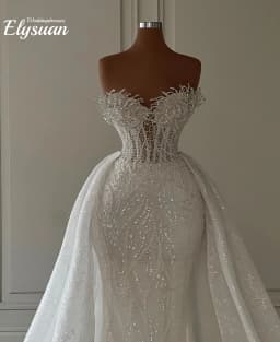 Customized Luxurious Mermaid Wedding Dresses Bride Strapless Heavy Beaded Lace 2 In 1 Detachable Overskirts Bridal Gown Vestid