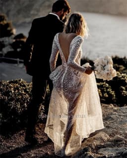 Mordern V- Neck Sequins Wedding Dresses Long Sleeves Floor Length Backless Bridal Gowns Robe De Marié