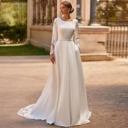 A-Line Satin Muslim Wedding Dresses Exquisite Lace Appliques Scoop Long Sleeves Bridal Gowns for Woman Gorgeous Robe De Mariée
