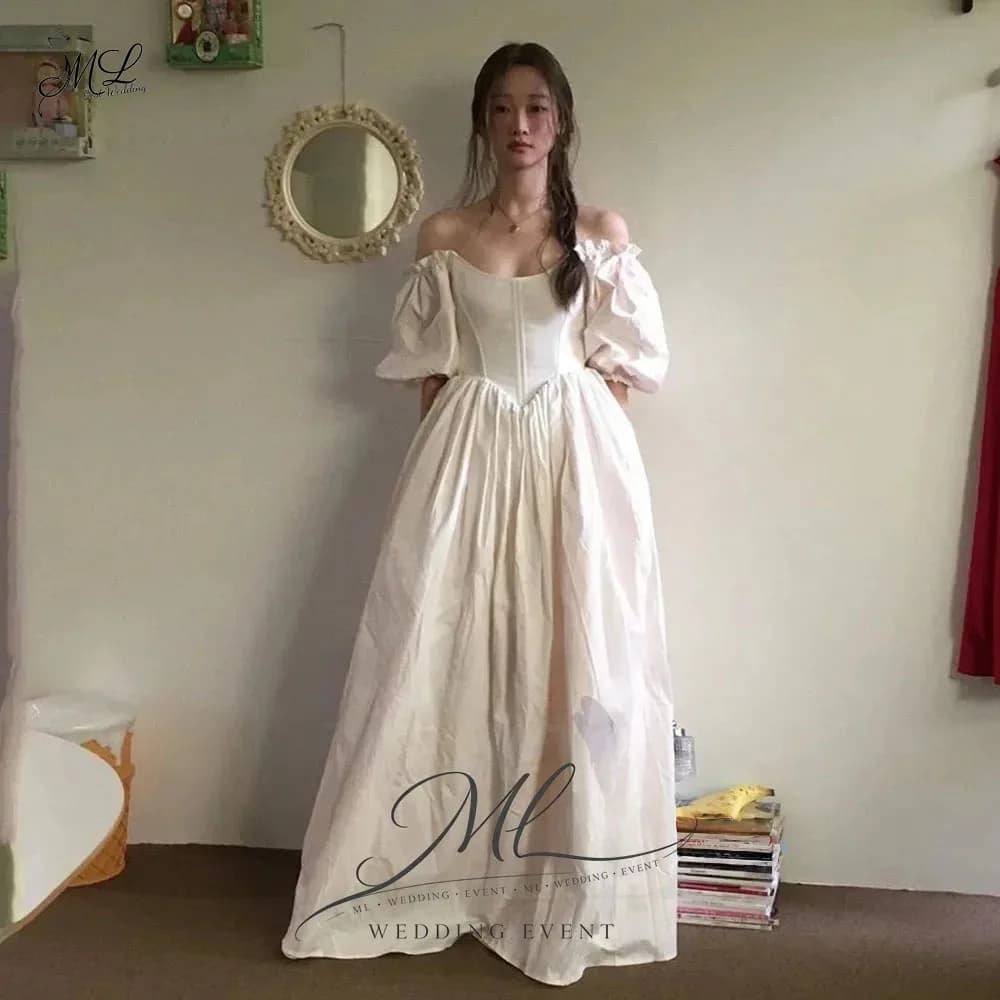 ML Simple Taffeta Wedding Dress Korea Photo Shoot Puff Sleeves Bridal Gown A line Floor Length 웨딩드레스 Customized