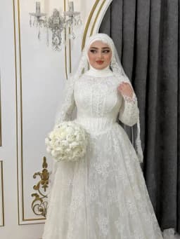 Customized Full Lace Muslim Wedding Dress With Hijab High Neck Long Sleeve Modest A Line Floor Length Islamic Bridal Gown