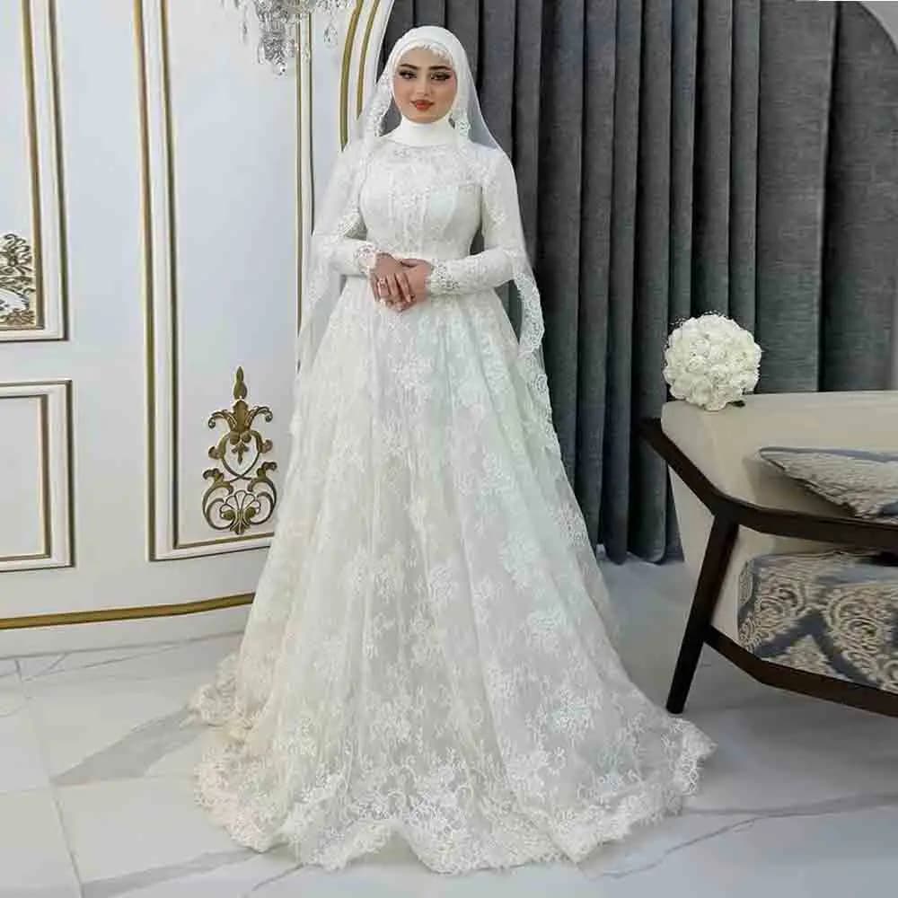 Customized Full Lace Muslim Wedding Dress With Hijab High Neck Long Sleeve Modest A Line Floor Length Islamic Bridal Gown