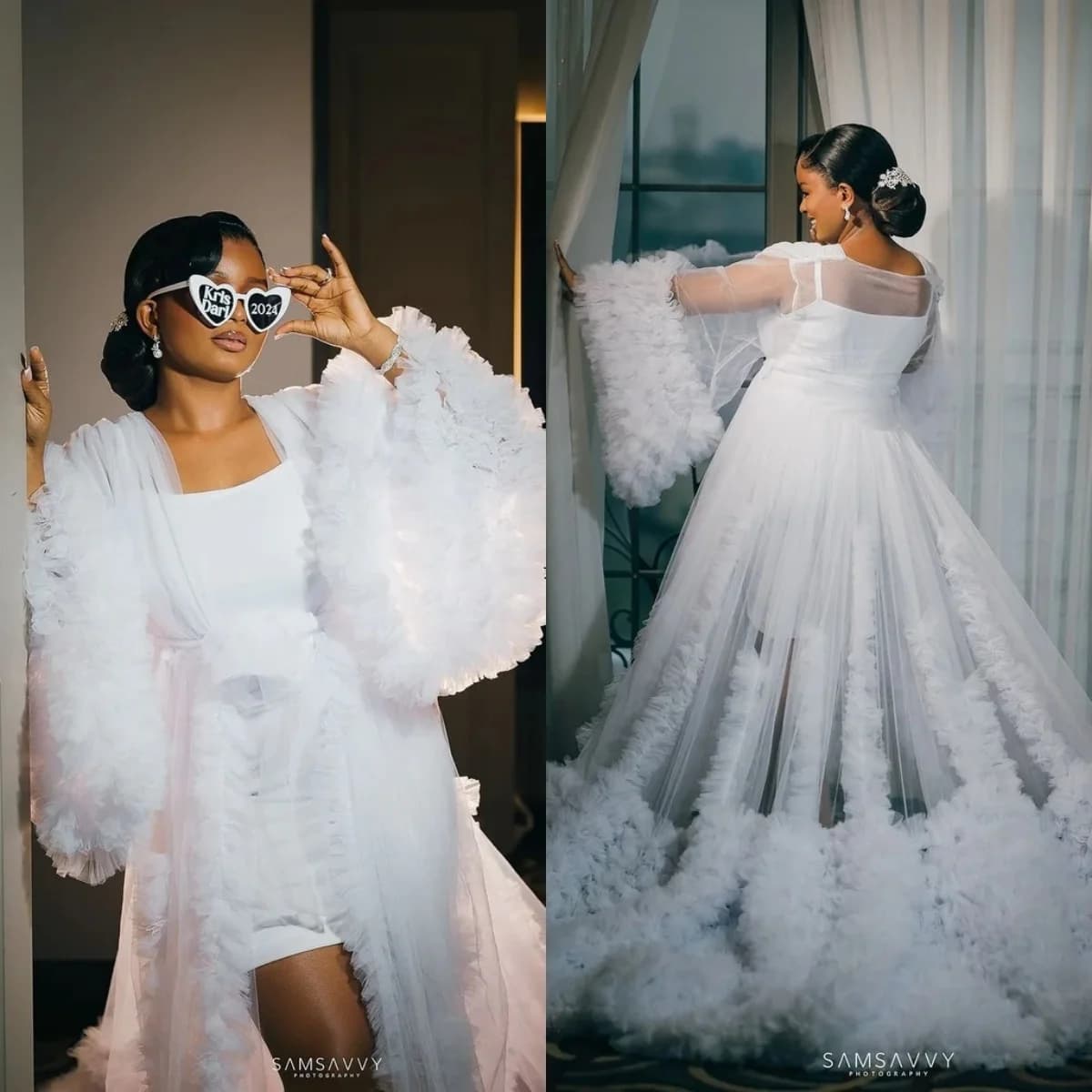 Extra Puffy Bridal Wedding Robe Customized Women Dress Nightgown Long Sleeves Ruffles Sleepwear Bathrobe Bride Pajamas