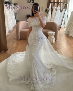 BM Bridal Fashion Mermaid Wedding Dresses for Woman Off the Shoulder Tulle Detachable Train Robes De Soirée Plus Size Customized