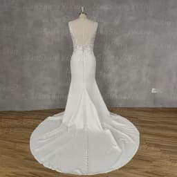 Elegant Satin Mermaid Wedding Dress Deep V Neck Lace Appliques Illusion Open Back Pearls Buttons Bridal Gown Sweep Train Custom