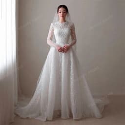 Glitter Wedding Dress Bead Organza With Embroidery A-Line Ballgown High-Neck Full Sleeve Customized Bride Dress Vestido De Novia