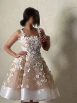 Champagne 3D Lace Flowers Wedding Dresses Square Collar Spaghetti Strap Knee Length Bridal Gown Vestido de novia Customized