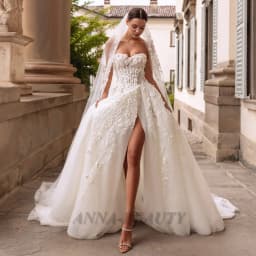 Anna Fancy Sweetheart Wedding Dress for Bride A Line Sleeveless Lacing up 3D Appliques Slit Vestidos Para Mujer Customised