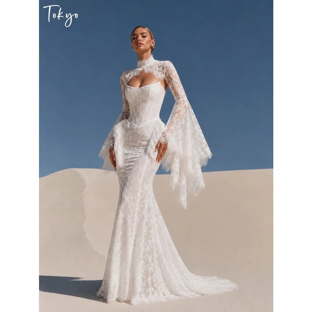 Tokyo Customized Sweep Train Mermaid Prom Dress All‑Over Lace vestidos de noche Lace Embroidery High Neck Evening Dresses 2026