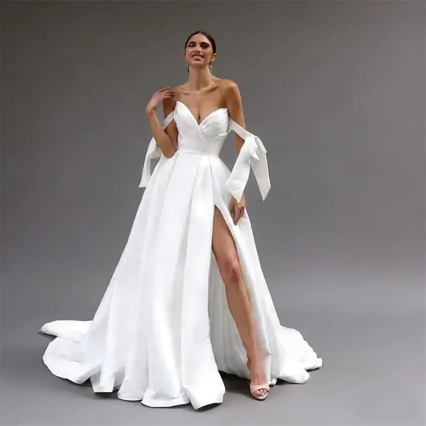 Customized Elegant Simple Satin Sweetheart Wedding Dresses Women Bow Pleated High Slit Bridal Gowns Button A-line Bride Dress