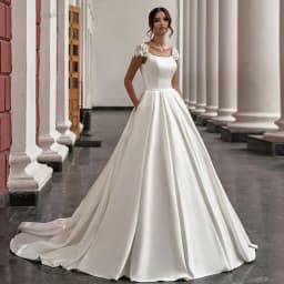 SoDigne Satin Wedding Dress For Women Elegant Cap Sleeves Scoop Neck Flowers Women A-Line Bridal Gown With Pockets Customized