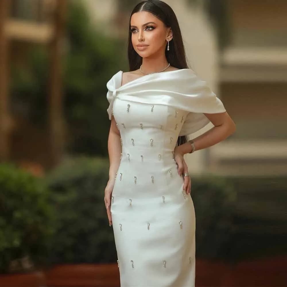 Customized Saudi Arabia Midi Wedding Dresses Modern Satin Sheath/Column Wedding Party Dress Ivory Rhinestones Hall Wedding Dress
