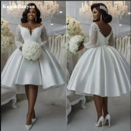 Customized Sheer Neck Lace Appliques Short Wedding Dress Vestidos De Novia Long Sleeves Knee Length Ball gown Bridal Gowns