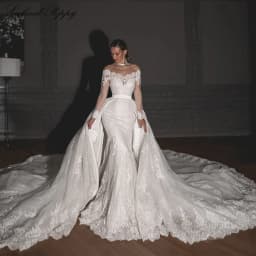 Lceland Poppy Customized Boat Neck Mermaid Lace Wedding Dresses Beaded Appliques Long Sleeves Bridal Gowns with Detachable Train