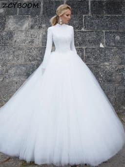 Customized Muslim Illusion Wedding Dresses 2026 New A-Line Long Sleeves Bride Dress Appliques Lace Tulle Elegant Wedding Gowns