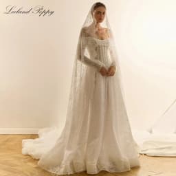 Lceland Poppy Customized A Line Boat Neck Lace Wedding Dresses Floor Length Beaded Bridal Gowns with Court Train
