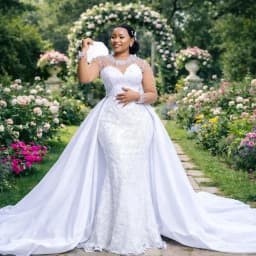 Customized African O Neck Shinny Pearls Beads Mermaid Wedding Dress for Woman Long Sleeves Bridal Gown with Removable Skirt