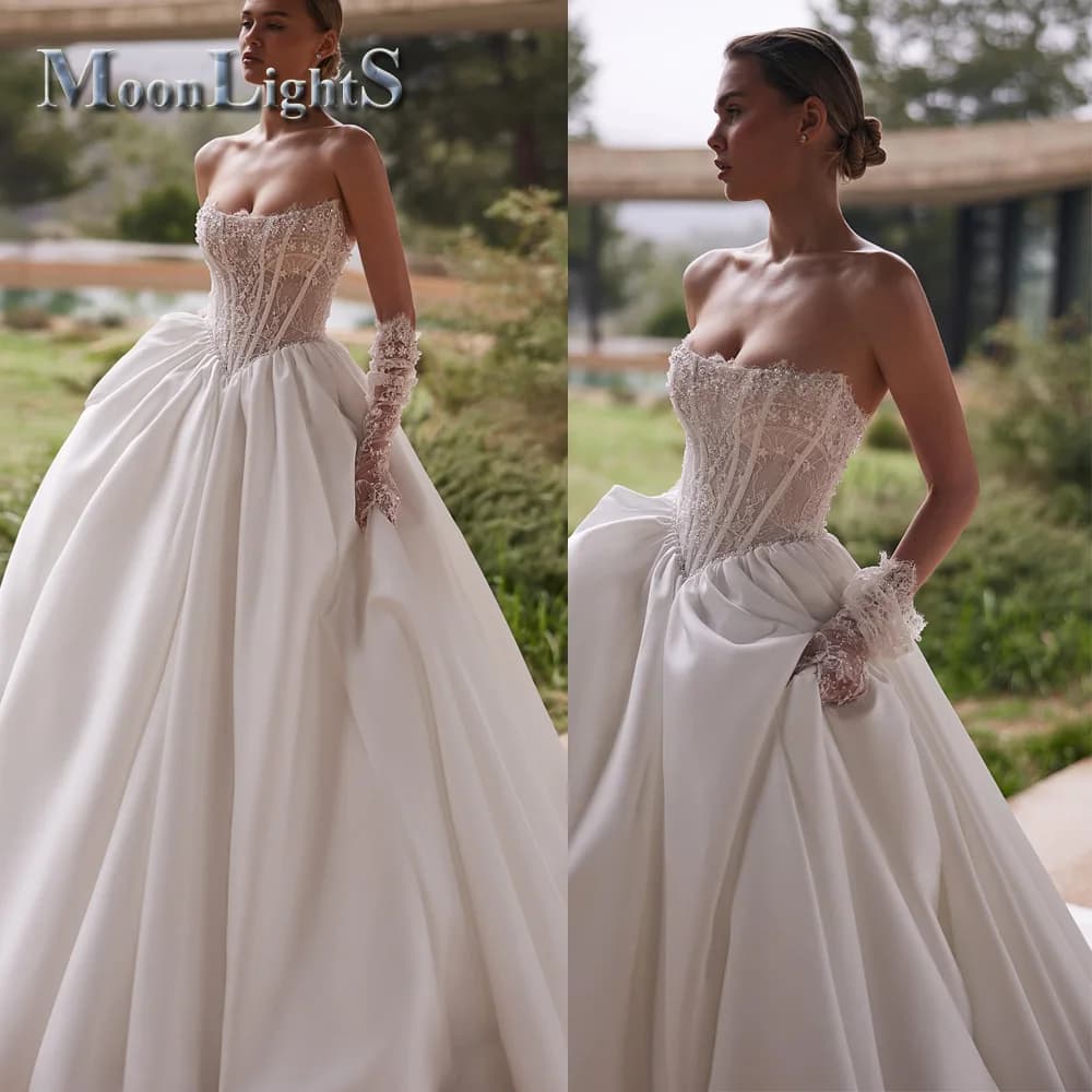 Moonlight Vintage A-line Wedding Dresses for Women Lace up Sleeveless no gloves Court Train Robe De Soiree De Mariage Customized