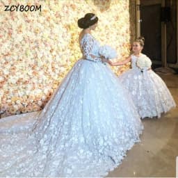 Customized Tulle With Long Sleeves White Mother Daughter Wedding Dress 2026 Ball Gown Floor Length Sweep Train Bridal Gown