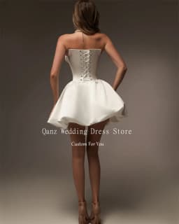 Qanz Vintage Satin Wedding Party Dresses Strapless Short A Line Ivory Lace Up Back Vestidos Para Mujer Bridal Gowns Customized