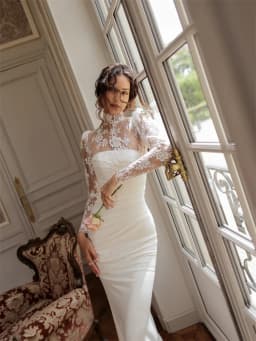 Customized High Neckline Long Lace Sleeves Mermaid Satin Wedding Dress Sexy Back Zipper Floor Length Sweep Train Gown For Bride