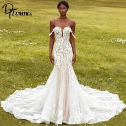 DTLumika Vintage Lace Wedding Dress for Women, Off the Shoulder Long Mermaid Bride Dresses Womens Tailored Bridal Gown