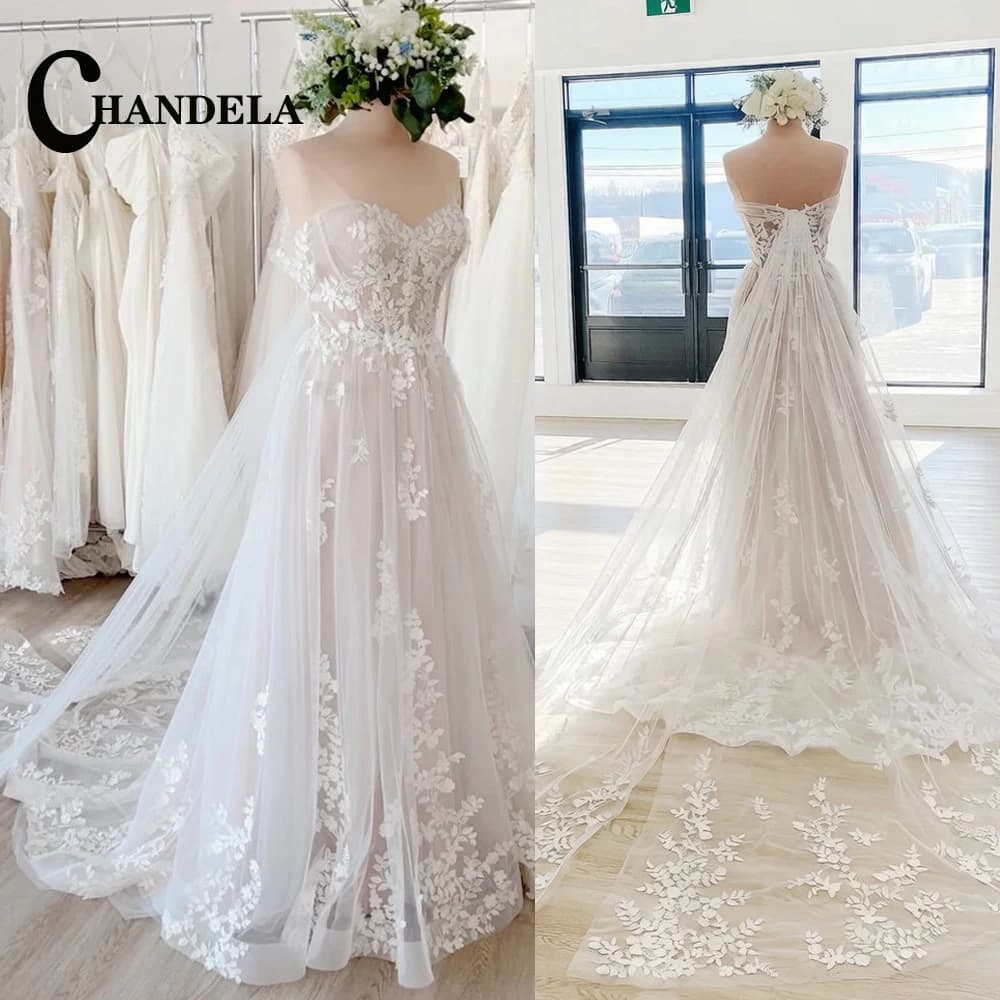 CHANDELA Attractive Strapless Wedding Dresses Off the Shoulder Sweetheart Zipper A-line Brush Train Vestidos Customised