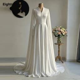 Eightale Arabic Wedding Dress V-Neck Lace Customized Ivory Satin Long Sleeves Cape Sleeves Bridal Gown Bride Party Dress